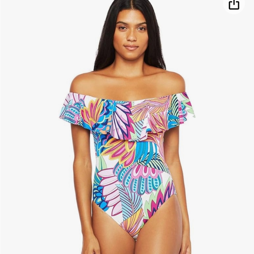 Trina Turk Off The Shoulder  Ruffle Bandeau One Piece Swimsuit